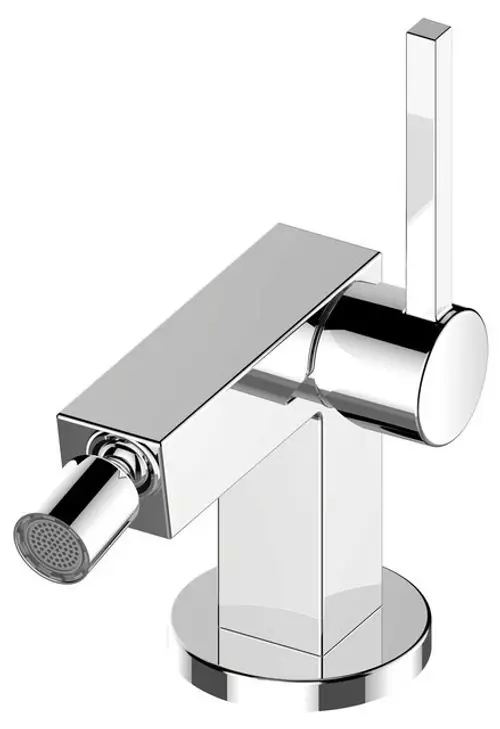 Moderne, glänzende Armatur mit einem rechteckigen Design und einem Hebel zum Regulieren der Wassertemperatur und -menge. Ideal für Badezimmer oder Waschräume.
